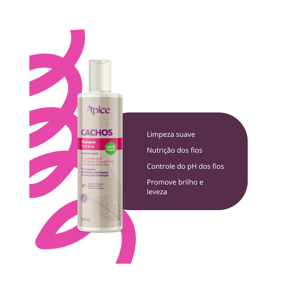 Shampoo Apice Cachos Nutritivo 300ml ao lado de quadro destacando benefícios